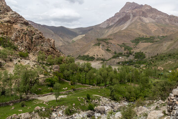 Fototapeta na wymiar Marguzor village in Haft Kul in Fann mountains, Tajikistan
