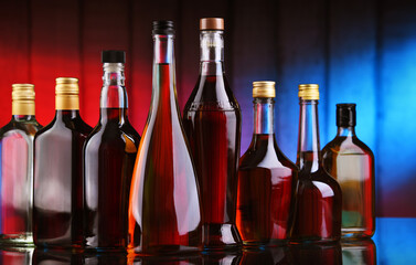 Bottles of assorted alcoholic beverages.