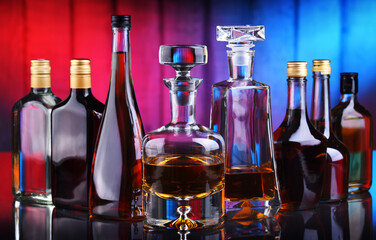 Bottles of assorted alcoholic beverages.