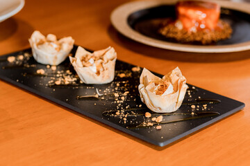 Food Dessert Baklava Close Up Gourmet Plate  Restaurant Wooden Table Greek Menu