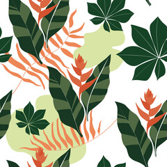 Seamless pattern of tropical, exotic leaves, plants, flowers. Bright, summer print for fabrics, textiles, and design. Vector graphics.