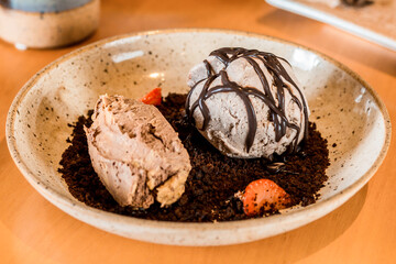 Delicious Dessert Chocolate Ice Cream Cashew Nuts Plate Brigadeiro Strawberry On a Wooden Table Restaurant