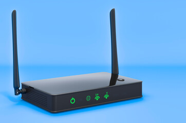 Wireless internet router on blue backdrop, 3D rendering - obrazy, fototapety, plakaty