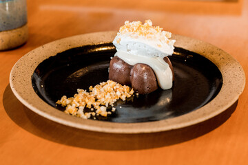 Delicious Dessert Petit Gateau Brownie Melted Chocolate Close Up Texture Chantilly Pie Plate Wooden Table