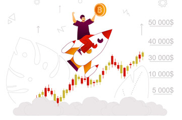 Bitcoin growth web concept. Evolving crypto business, profit on stock chart. People scene with flat line characters design for website. Vector illustration for social media promotional materials
