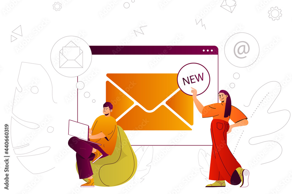 Leinwandbilder email service web concept. online communication technology, send new messages. people scene with fla
