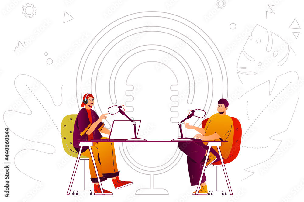Poster Podcast web concept. Host and guest broadcasting live or recording interviews. People scene with flat line characters design for website. Vector illustration for social media promotional materials