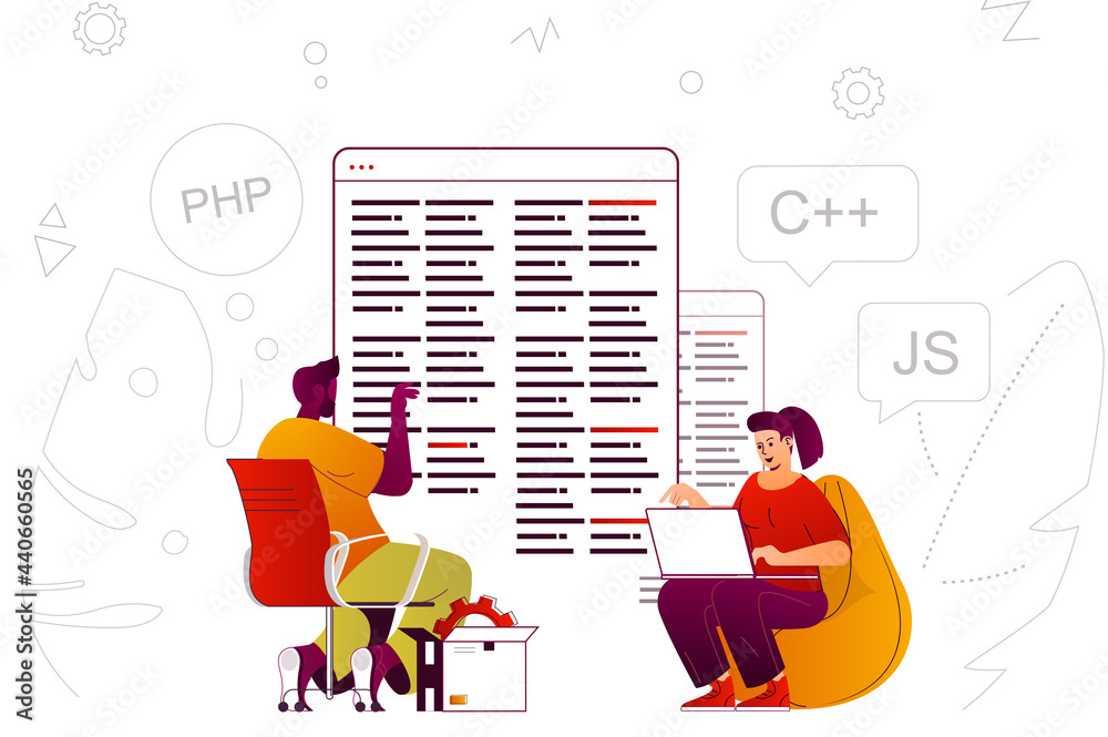 Fototapete Programming software web concept. Developers create programs and applications. People scene with flat line characters design for website. Vector illustration for social media promotional materials