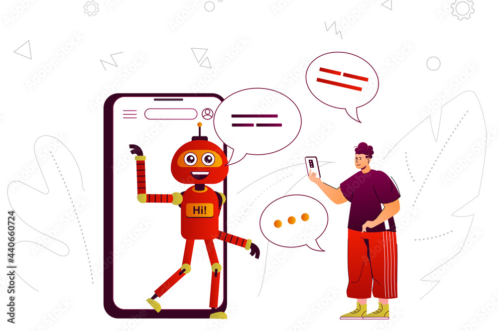 Aufkleber Virtual assistant web concept. Online assistant robot assists user in mobile app. People scene with flat line characters design for website. Vector illustration for social media promotional materials