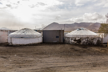 Concrete yurts at a bazaar of Murghab village in Gorno-Badakhshan Autonomous Region, Tajikistan