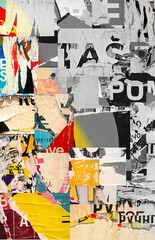 Collage of many numbers and letters ripped torn advertisement street posters grunge creased crumpled paper texture background placard backdrop surface