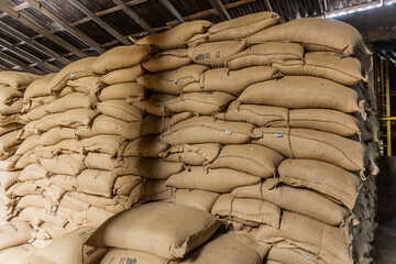 JARABACOA, DOMINICAN REPUBLIC - DECEMBER 10, 2018: Bags of coffee in Cafe Monte Alto coffee factory in Jarabacoa, Dominican Republic