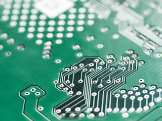 Macro photo of hard disk controller board. IT detail in computer. Technical background.
