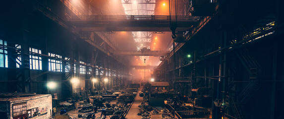 Metallurgical plant panorama. Industrial steel production. Steel mill factory. Heavy industry...