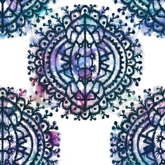 Seamless navy and white happy colorful tribal ethnic rug motif pattern. High quality illustration. High contrast hand drawn design. Seamless repeat raster jpg pattern.