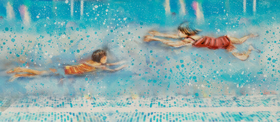 Little kids swimming in pool. Watercolor background