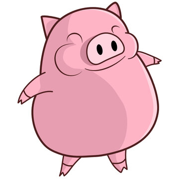 A pink pig is standing smiling and spreading arms on the ground against a white background.