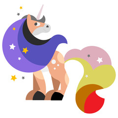 The brightly colored unicorn stands on floor, its pretty long tail on light blue background.