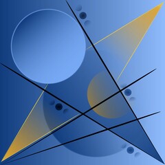 Abstract illustration with gradient-filled spheres, lines, triangle shapes - in blue, gold, and black - on a blue background