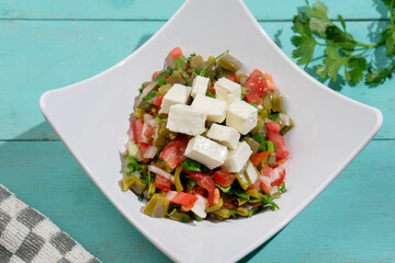 Nopal cactus salad with cheese on turquoise background. Mexican food