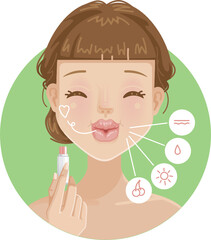 Cute girl protect and nourish her lip lipstick with lip balm