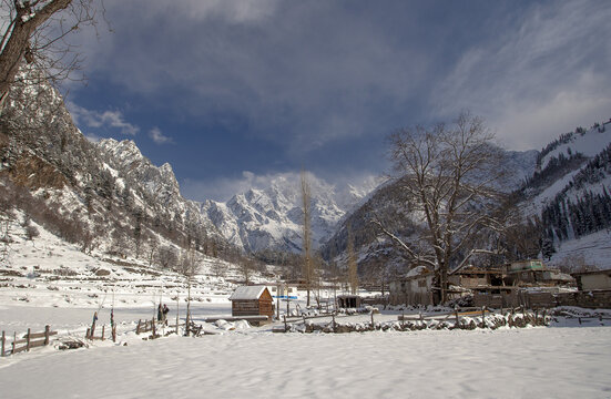 Winter landscapes of Swat valley with snowy mountains in Khyber Pakhtunkhwa, Pakistan