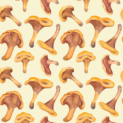 Orange mushroom chanterelle in seamless pattern