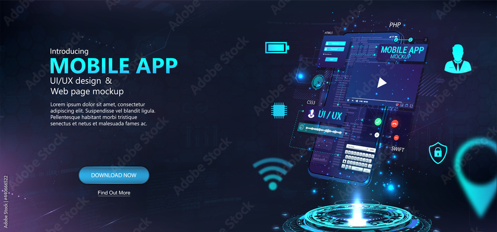 Aufkleber Mobile app development, phone hologram, wireframe toolkit - UI, UX, Kit, coding, usability with elements user interface, bars UI and icons. 3D modern smartphone with process App development. Vector