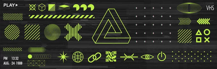 Deurstickers Trendy minimalist elements set with icons and digital shapes for apparel, t-shirt, merch, posters, covers, flyers. Universal elements in vaporwave and memphis style. Retrofuturism shapes. Vector © SergeyBitos