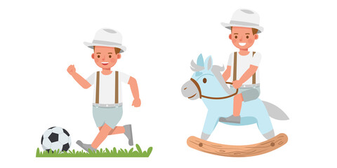 Set of children character vector design. Boy wear white shirt and hat. Presentation in various action with emotions.