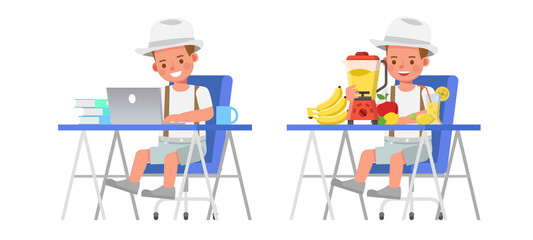 Fototapeta na wymiar Set of children character vector design. Boy wear white shirt and hat. Presentation in various action with emotions.