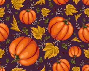 seamless pattern with colorful pumpkins, autumn berries, leaves, stylized vector graphics
autumn background, season, botanical, vegetable, useful, orange, green, red berries, harvest