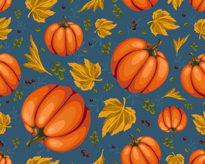 seamless pattern with colorful pumpkins, autumn berries, leaves, stylized vector graphics
autumn background, season, botanical, vegetable, useful, orange, green, red berries, harvest