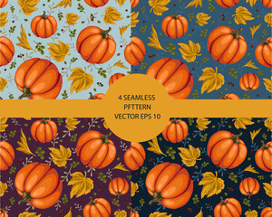 set with seamless pattern with colorful pumpkins, autumn berries, leaves, stylized vector graphics
autumn background, season, botanical, vegetable, useful, orange, green, red berries, harvest