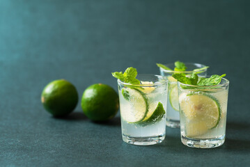 Cold lime soda in a glass on green background, Tropical and summer drink