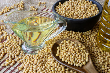 soy oil with soy beans on the table