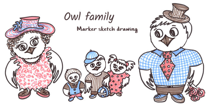 Multicolor family of cartoon Owls in line art style on white background. Pink and blue father, mother, kids, boys and girl Owl dooddle. Set of illustrations for congratulations on the wedding day