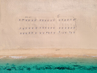 White sand beach shore aerial top view. Jandia beach, Fuerteventura