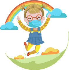 Red hair little girl mask jumping in the meadows clouds and rainbows streaked across the sky. concept during the coronavirus covid-19 outbreak.