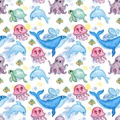 Seamless pattern of digital paper wallpaper blue whales, jellyfish, turtles, dolphins