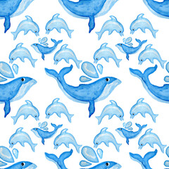 Dolphins and whales watercolor blue color white background seamless pattern