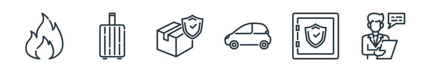 outline set of insurance line icons. linear vector icons such as danger, travel baggage, delivery box, vehicles, safe box, salesman. vector illustration.