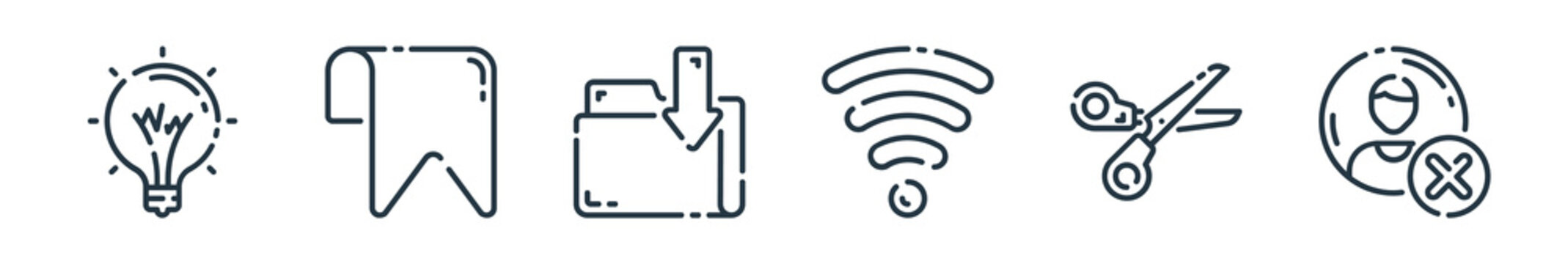 outline set of user interface line icons. linear vector icons such as idea, bookmark, folder, wifi, scissors, delete account. vector illustration.