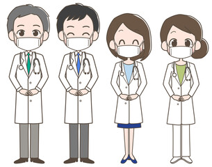 マスクを着けた4人の男女の医師