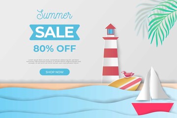Summer sale banner in papercut style. Premium Vector