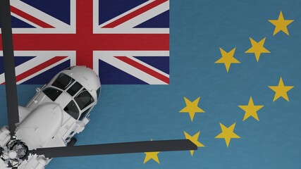Top down view of a White Helicopter in the Bottom Left Corner and on top of the National Flag of...