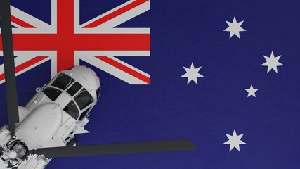 Top down view of a White Helicopter in the Bottom Left Corner and on top of the National Flag of Australia