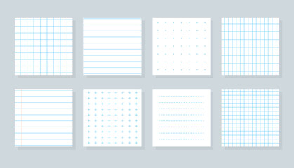 Set of flat different paper sheet. Squared templates checkered or line sheet. Copybook cover sheet with blue lined, cross, dotted and grid patterns. School notebook paper. Isolated vector illustration