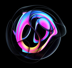 3d render of abstract art of surreal 3d ball or sphere in curve wavy round and spherical lines forms in transparent plastic material with glowing purple neon color lines or stripes on black background