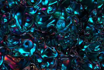 3d render of abstract art 3d background texture with part of surreal dark mystic substance in liquid metal plasma material painted in blue purple neon gradient color in wavy organic curve lines forms